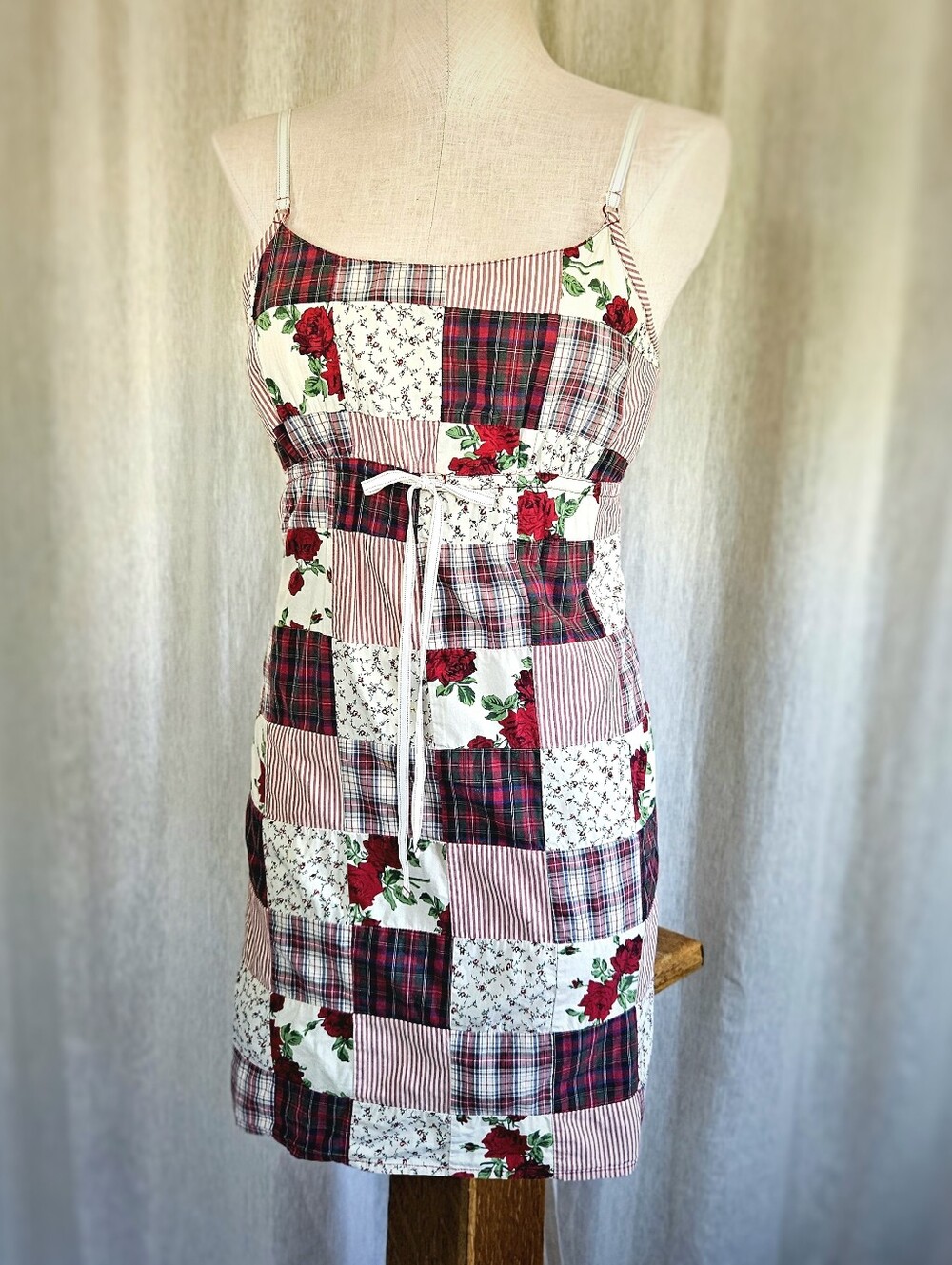 Cottagecore Red White Patchwork Cotton Short Strappy Sundress Medium